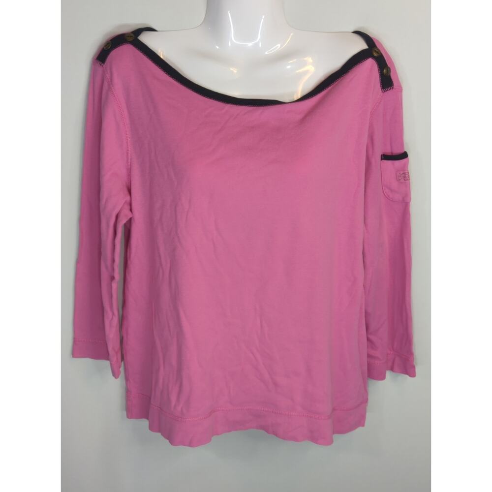 LRL Lauren Jeans Pink & Black Trim Boat neck Cotton‎ Blouse Womens XL Retro